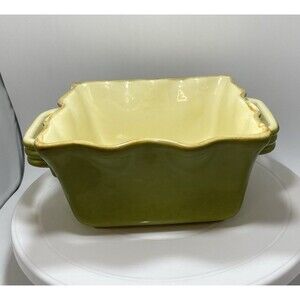 Vtg Sur La Table Ceramic Ruffled Square Baking Dish Casserole Duo Handles Green